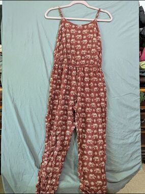 Rust-Red Elephant Print Spaghetti-Strap Jumpsuit